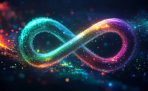 Abstract digital background with colorful infinity symbol spiral dots and particles