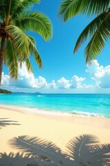 Idyllic Tropical Beach Scene  Palm Trees Frame Azure Ocean and Golden Sand