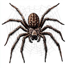 Realistic illustration of a large brown spider on delicate web against a white background