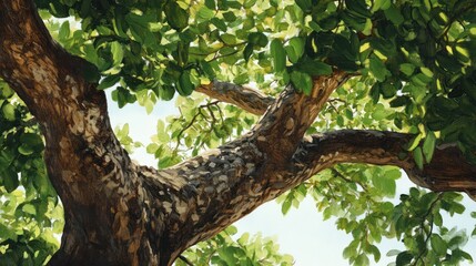 Low-angle view of tree branches and leaves against a bright sky, ideal for nature-themed designs