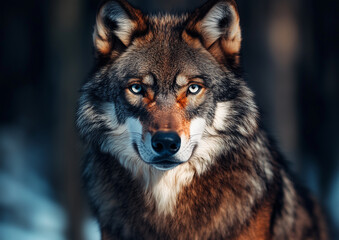 Obraz premium Beautiful majestic wolf with piercing eyes standing in a snowy forest, symbolizing strength, wilderness, resilience, and the untamed beauty of nature in winter