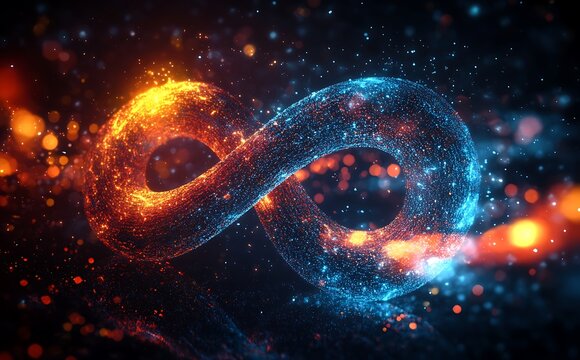 Abstract digital background with colorful infinity symbol spiral dots and particles