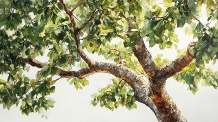 Fototapeta premium Sunlight dappled tree branches, summer sky. Nature, serenity, calm