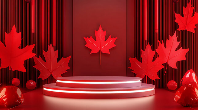Canada National Day Podium A 3D Render with Maple Leaves and a Red Background