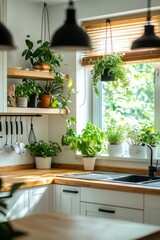 Sunlit Kitchen with Abundant Greenery and Wooden Accents