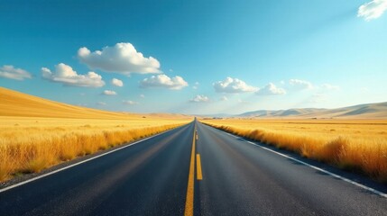 Asphalt ribbon unwinding through sun-drenched golden fields under a vibrant blue sky, promising adventure and open road journeys