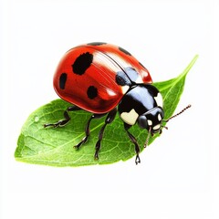 Fototapeta premium Vibrant Red Ladybug Insect On Green Leaf Isolated On White Background