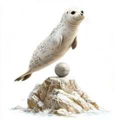 Fototapeta premium Playful Seal Balances on Rock with Marble Ball in Bright Scenic Background