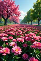 Fototapeta premium Overhead shot of a field with pink chrysanthemums and trees, spring, garden, landscape