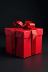 Fototapeta premium Rich red gift box with a raised, bumpy texture and a curved, ribbon-like bow on top against a dark background, Christmas, bow