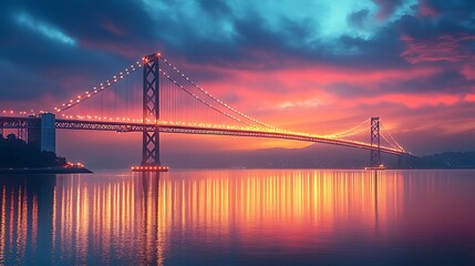 Obraz premium Vibrant sunrise illuminates a suspension bridge over calm water, reflecting the colorful sky.