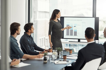 Presentation, meeting and pregnant woman with graph in office for feedback, finance statistics and review. Corporate, speaker and business people for planning, company insights and growth in workshop