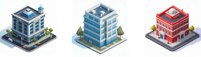 Isometric view of three diverse buildings: a white building, a blue office tower, and a red building, each situated on a small city square.