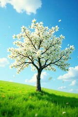 Obraz premium Single white blossomed tree on a green meadow, landscape, green meadow solo tree blossoms