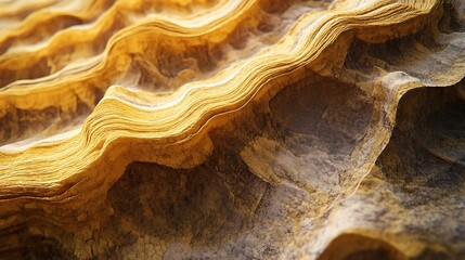Obraz premium A high-resolution macro shot of layered sandstone with fluid, wave-like formations, highlighting the natural beauty of erosion in warm golden hues