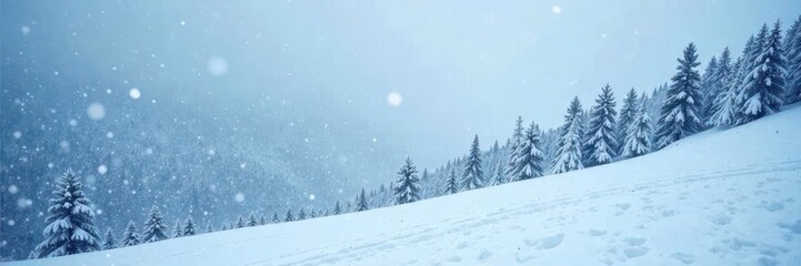 Fototapeta premium Snow-covered hill in the midst of a heavy snowfall, whiteout conditions, winter storm