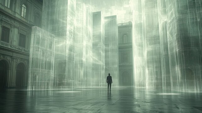 Man observes holographic city overlaying courtyard