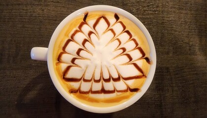 Beautifully Designed Coffee Art in White Mug on Dark Wooden Surface