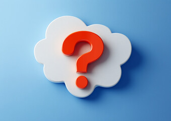 Bold red question mark inside a soft white thought bubble against a bright blue background, symbolizing curiosity, ideas, thinking, problem-solving, and decision-making concepts