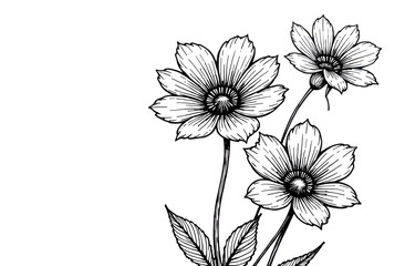 Flower coloring book. Three flowers are depicted on a white background. Linear black and white drawing.