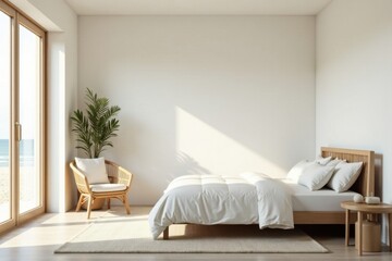 Serene Coastal Bedroom Interior Design with Wooden Bed and Natural Light
