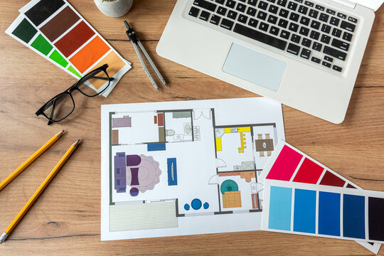 drawing home draw blueprint decoration computer laptop sample material on office desk
