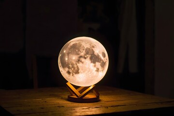 Close-up of a moon lamp in the dark room background with copy space