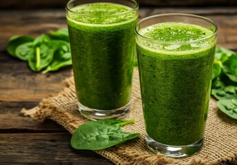 Two glasses of fresh green spinach smoothie on rustic wooden background.
