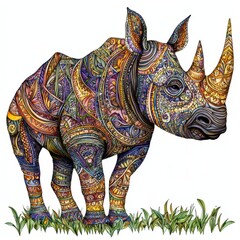 Obraz premium Colorful and Intricate Artistic Representation of a Rhinoceros with Decorative Patterns and Textures