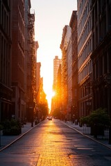 Fototapeta premium Golden Sunrise Illuminates Cobblestone Street Between Old Buildings