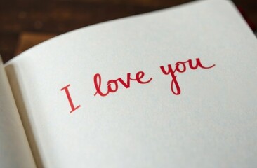 A handwritten inscription, the text "I love you" on a white sheet of paper, in a notebook or diary. A painted heart. A declaration of love. Romantic card for Valentine's Day, Mother's Day.