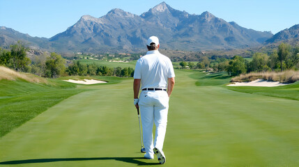 Golfer walks fairway, mountain backdrop, sunny day, relaxing golf course scene