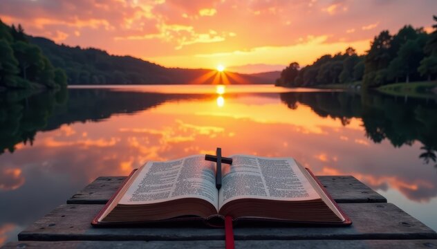 Sunset reflection on the surface of a calm lake with an open Bible and cross on a wooden dock, Nature, Wood, Reflections