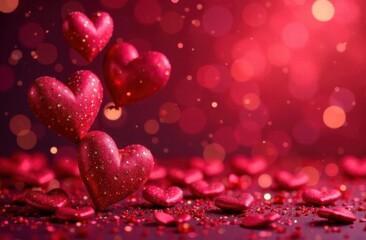 Stylish, modern, romantic holiday greeting card for lovers. Valentines, red hearts, balloons everywhere. Free space for the inscription "happy Valentine's Day" on a red background. Copy the space.