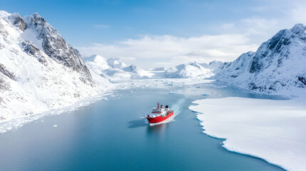 Arctic cruise ship sailing snowy fjord, mountains background