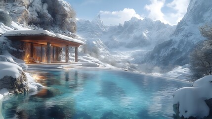 Mountaintop infinity pool with stunning winter scenery and a cozy pavilion.