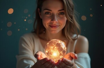 Naklejka premium A woman holds the Earth, the universe, and the planet in her hands, protecting and saving it. The whole world is in the palm of a young woman's hand.