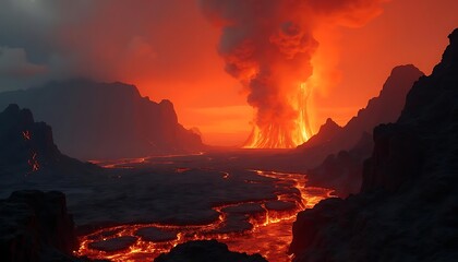 Fototapeta premium Fiery Volcanic Eruption: A Dramatic Landscape Painting
