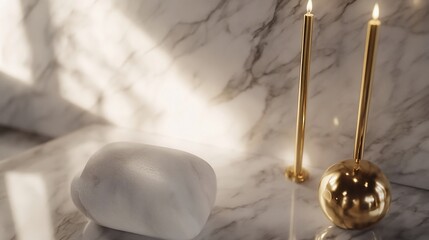 Elegant marble surface with lit candles and a smooth stone for a serene ambiance