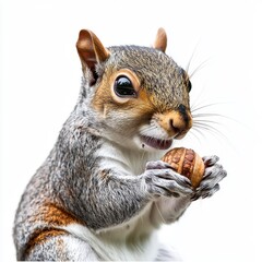 Fototapeta premium Cute Squirrel Holding Nut with Expressive Face in Studio Setting on White Background