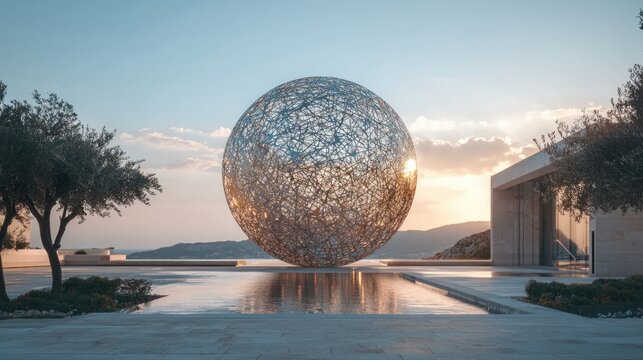 Metal sphere sculpture at sunset reflecting in water by building