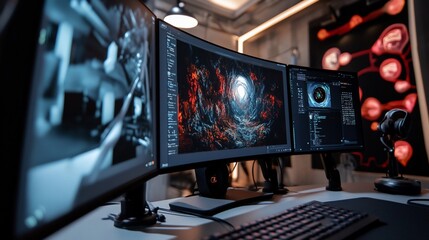 Fototapeta premium A multi-monitor setup with a curved central display showing a fiery cave, alongside peripheral screens and equipment