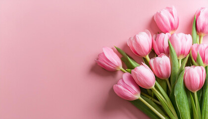 Fototapeta premium pink tulips, copyspace, pink background, Generated image