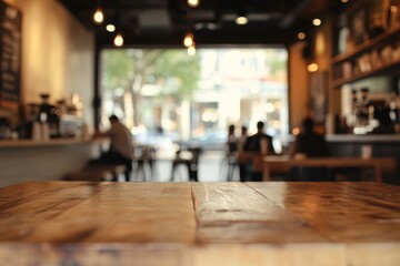Empty wooden table in blurred coffee shop background. (1)