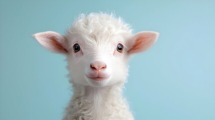 Obraz premium Cute lamb portrait, light blue background, farm animal