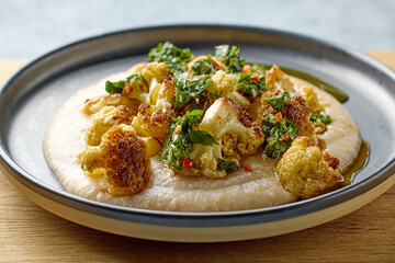 butter beans puree with baked cauliflowers on plate