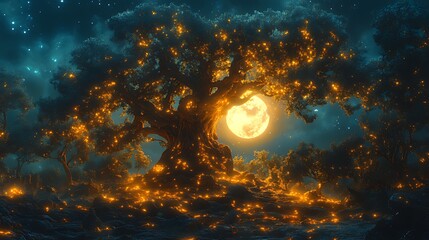 Glowing tree in enchanted forest at night under full moon.
