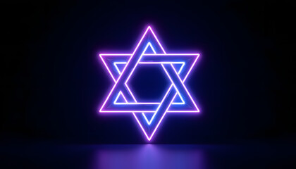 Bright neon blue and purple Star of David, glowing against a dark black background