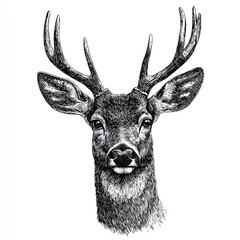 Detailed Sketch of a Majestic Stag Head with Intricate Antlers on White Background