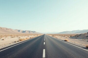 Asphalt ribbon unwinding through a sun-drenched desert landscape, mountains forming a hazy horizon, promising adventure on the open road